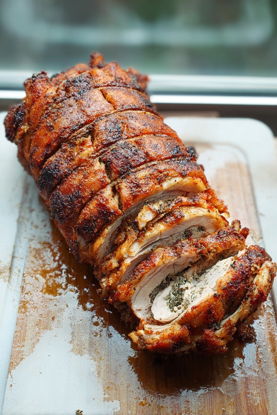 Porchetta with Fennel and Herbs, pork roast with fennel and herbs, Italian-style porchetta, herb-crusted porchetta, easy porchetta recipe - The image shows a rolled and roasted meat log sliced into several pieces. The outer layer is crispy and golden brown with a textured crust, while the inner layers reveal well-cooked, juicy meat with a mix of white and pinkish shades, and some herbs visible inside. The slices are neatly arranged on a wooden board with some meat juices pooling around them. The background is softly blurred with a bright light source coming from behind. photo taken with an iphone --ar 2:3 --v 7