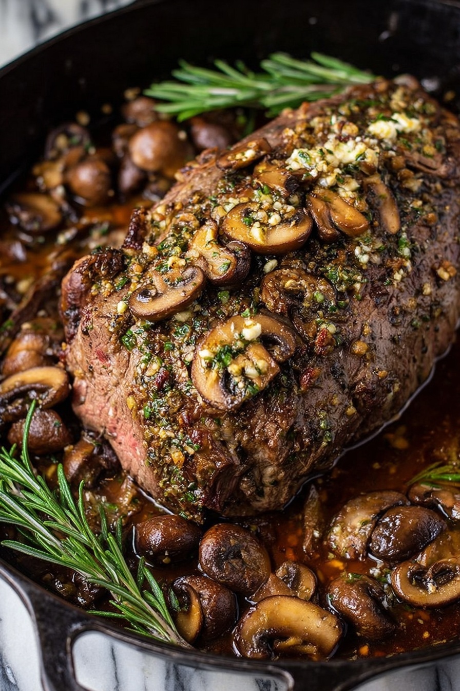 Rosemary Garlic Roast Beef, Garlic Herb Roast Beef, Elegant Roast Beef Recipe, Juicy Roast Beef, Searing Roast Beef - The image shows a large, cooked piece of meat resting in a shallow black pan, covered with sliced mushrooms and a thick sauce. The meat has a textured surface with visible seasoning including bits of garlic and green herbs. Around the meat, browned mushrooms sit in a dark, glossy sauce with a few sprigs of fresh green rosemary on the sides. The background has a white marbled texture. photo taken with an iphone --ar 2:3 --v 7