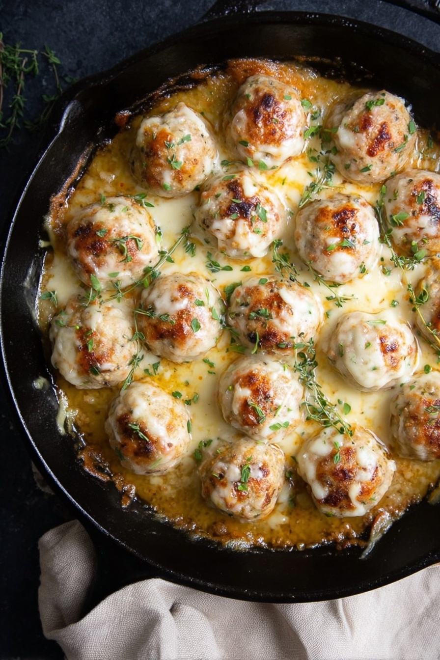 French Onion Chicken Meatballs Skillet, French Onion Chicken Meatballs, Easy French Onion Chicken, Chicken Meatball Skillet with Onions, Comforting French Onion Dinner - A black cast iron skillet filled with a golden brown broth with melted cheese spread around the edges. Inside the skillet, there are fifteen round, white-topped meatballs arranged closely together, each sprinkled with small green herb leaves. The meatballs have slightly browned spots and a smooth, creamy cheese layer on top with a soft texture beneath. The skillet sits on a dark surface with a beige cloth partially visible underneath. Photo taken with an iphone --ar 2:3 --v 7
