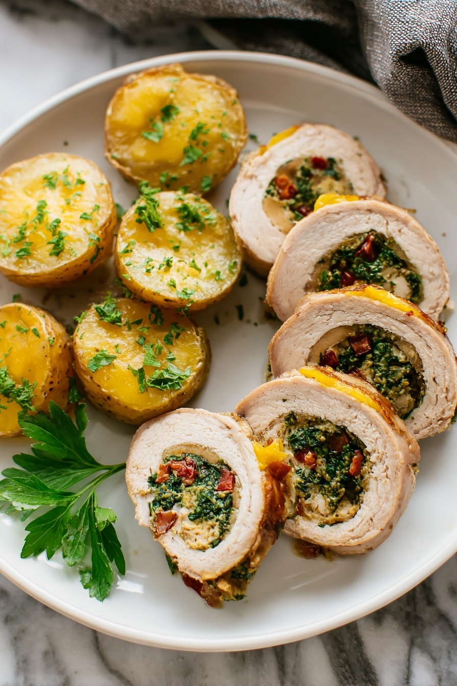 Stuffed Pork Tenderloin with Sun-Dried Tomatoes, savory pork tenderloin stuffed with sun-dried tomatoes and mozzarella, easy stuffed pork recipes, elegant pork dinner ideas, quick pork tenderloin recipes - A white plate holds five slices of rolled meat arranged in a loose circle on one side, each slice showing a spiral of light brown meat wrapped around a colorful filling of green leafy vegetables and small bits of red, with melted yellow cheese inside. On the other side of the plate, there are six golden-brown roasted potato rounds speckled with green herbs, with a sprig of fresh flat green parsley placed beside them. The plate is placed on a white marbled surface, and part of a gray cloth is visible in the background. photo taken with an iphone --ar 2:3 --v 7