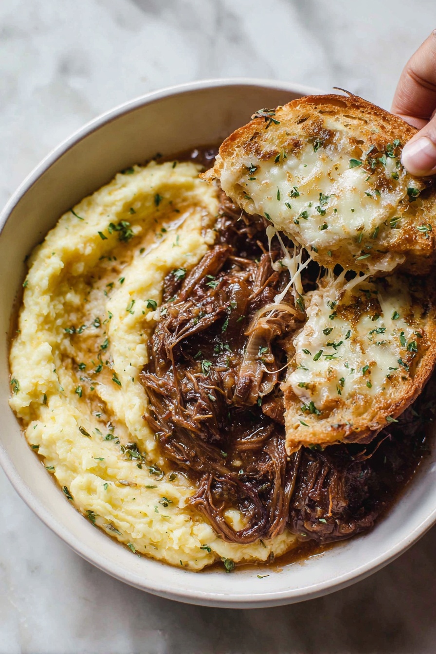 French Onion Beef Pot Roast, French onion soup beef, slow cooker beef roast, hearty beef dinner, caramelized onion roast - A white bowl on a white marbled surface holds three main layers of food. On the left side is a thick, smooth yellowish mashed dish, textured lightly with small lumps and bits of herbs. On the right side, there is a dark brown shredded meat dish covered in a rich, glossy sauce with visible herbs and small pieces of onion. Two pieces of toasted bread sit on top of the meat near the center of the bowl; each piece is covered with melted, slightly browned cheese. A woman's hand lifts one bread slice, showing stringy cheese and meat on its surface. Photo taken with an iphone --ar 2:3 --v 7