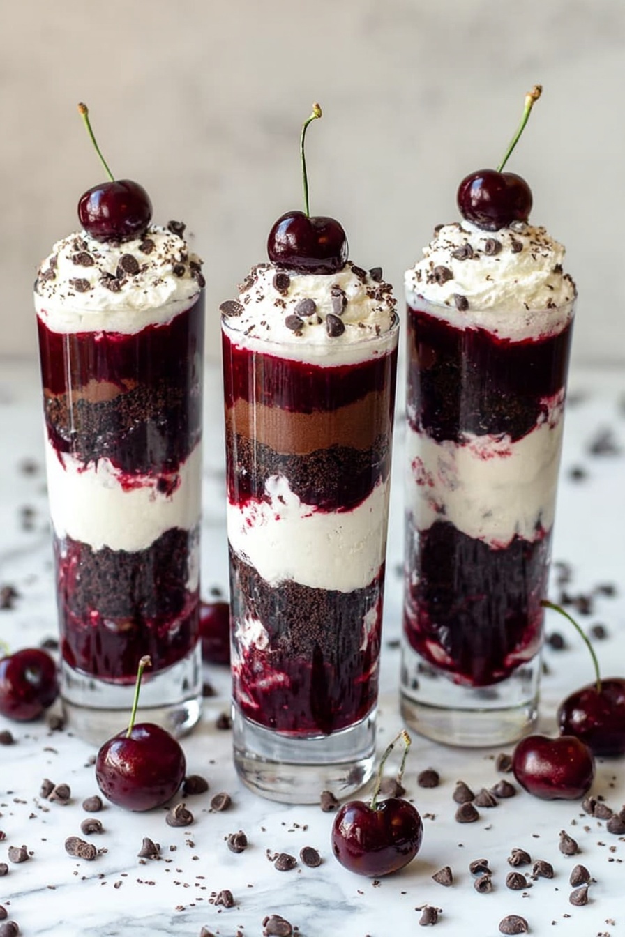 Black Forest Cherry Trifle, Black Forest dessert, cherry trifle recipe, chocolate cherry layered dessert, easy holiday trifle - Three tall clear glasses stand side by side on a white marbled surface, each filled with four visible layers from bottom to top: a dark brown cake layer, a thick deep red cherry sauce, a white cream layer, and again a dark brown cake layer. On top of each glass, there is a final layer of white cream sprinkled with small dark chocolate chips and finished with a single dark cherry with stem placed in the center. Scattered around the glasses on the white marbled surface are loose dark chocolate chips and several whole dark cherries with stems. The photo taken with an iphone --ar 2:3 --v 7