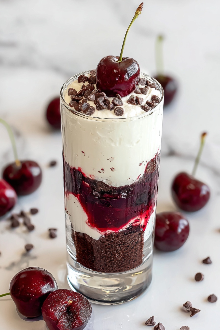 Black Forest Cherry Trifle, Black Forest dessert, cherry trifle recipe, chocolate cherry layered dessert, easy holiday trifle - The image shows a tall clear glass with four layers: the bottom layer is dark brown chocolate cake, followed by a deep red cherry compote layer, then a white creamy layer, and finally a thick white cream layer on the top. The top cream layer is sprinkled with small dark brown chocolate chips, and one shiny dark red cherry with a green stem sits on top. Around the glass, there are some dark red cherries and scattered chocolate chips on a white marbled surface. photo taken with an iphone --ar 2:3 --v 7