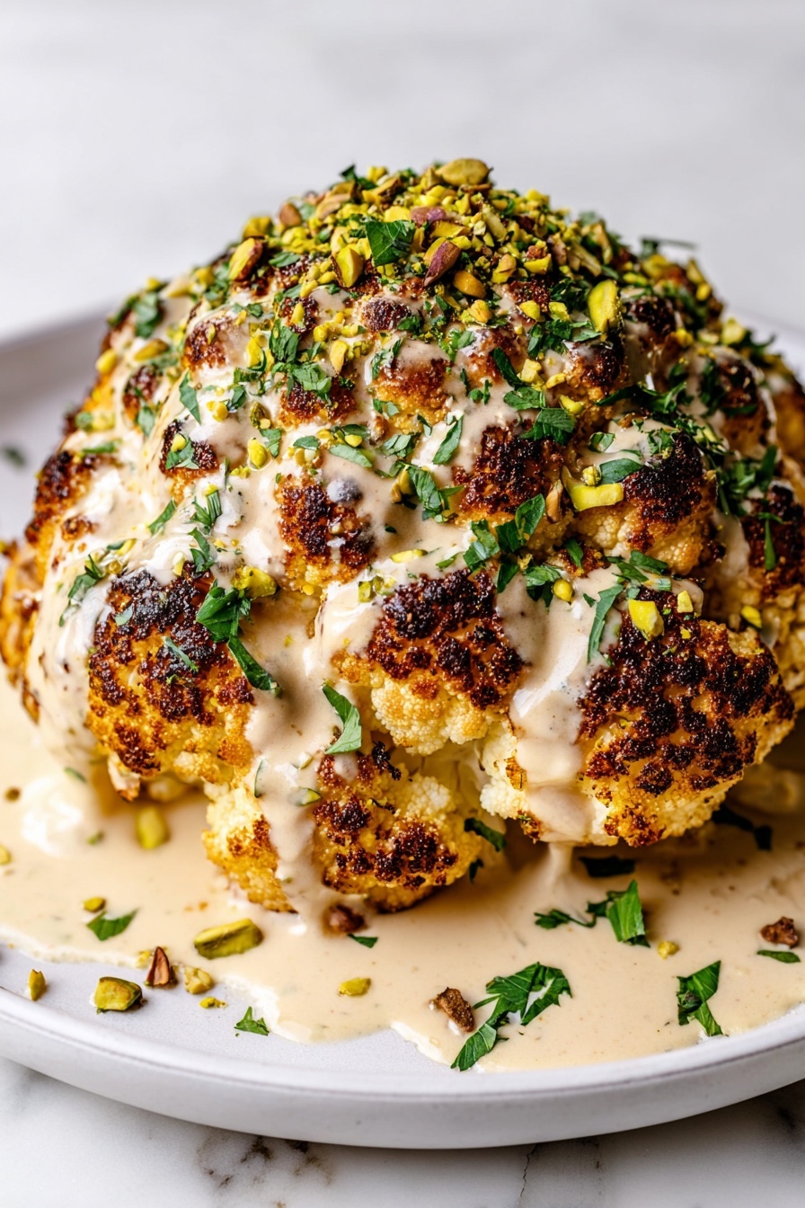 Roasted Cauliflower with Tahini Sauce, healthy roasted cauliflower, tahini cauliflower recipe, veggie side dish with tahini, easy roasted cauliflower - A whole roasted cauliflower with a golden brown, slightly charred surface sits in the center of a white plate on a white marbled texture. It is covered with a creamy light beige sauce that drips down the sides, and topped with chopped green herbs and crushed pistachios, adding a touch of green and brown texture. Some sauce drops and herb pieces are scattered around the plate near the base of the cauliflower, giving a fresh and inviting look. Photo taken with an iphone --ar 2:3 --v 7
