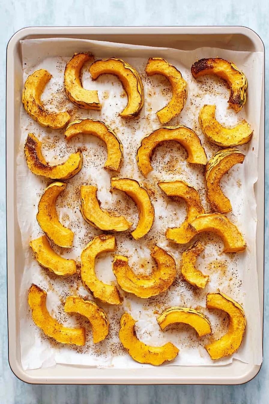 Roasted Delicata Squash, Delicata Squash recipe, roasted squash side dish, healthy squash recipes, easy vegetable recipes - The image shows a white baking tray lined with parchment paper, filled with roasted slices of delicata squash spread out evenly. The squash pieces are crescent-shaped with a golden yellow color, some edges browned and slightly crispy. The surface of the tray has small specks of seasoning and oil, giving a roasted and textured look. The white marbled background contrasts softly with the warm colors of the squash. photo taken with an iphone --ar 2:3 --v 7
