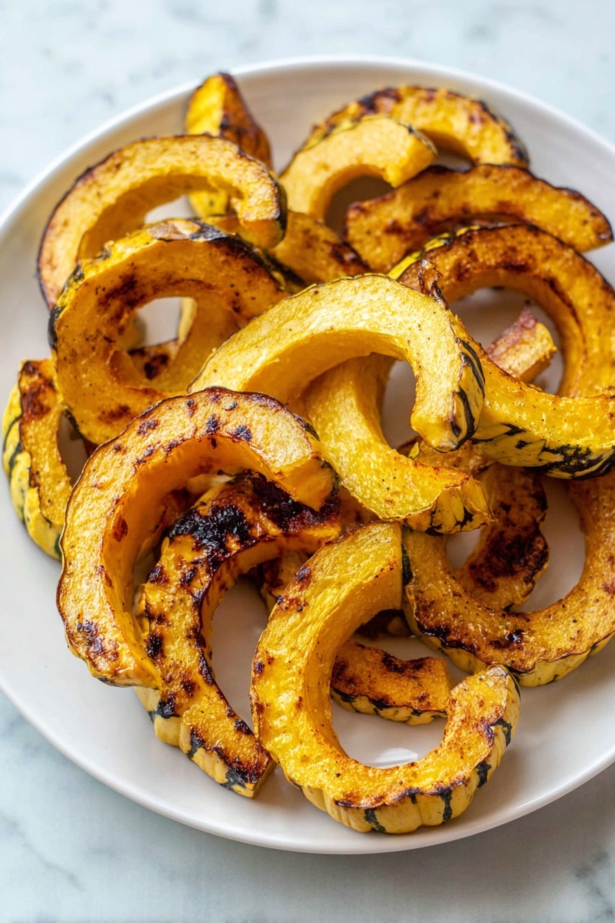 Roasted Delicata Squash, Delicata Squash recipe, roasted squash side dish, healthy squash recipes, easy vegetable recipes - A white plate is filled with several slices of roasted delicata squash, arranged in a casual pile. Each slice has a curved crescent shape with a yellow-orange color and browned, slightly charred edges. The texture looks soft yet slightly crisp on the outside, with dark grill marks and some blackened spots scattered across the smooth surfaces. The plate sits on a white marbled background that contrasts with the warm tones of the squash. photo taken with an iphone --ar 2:3 --v 7