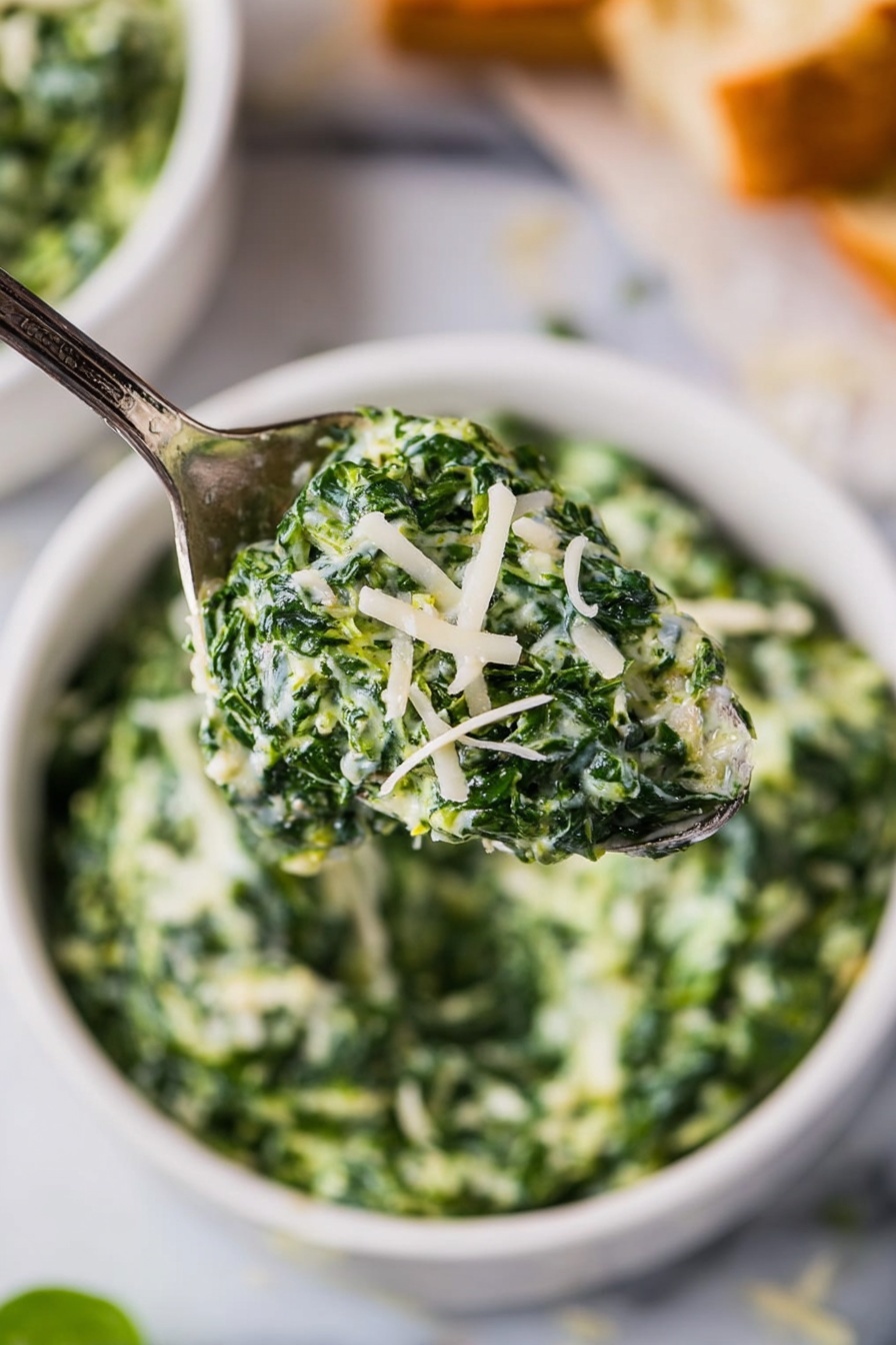 Creamed Spinach, Creamed Spinach Healthy, Creamed Spinach Easy, Creamed Spinach Side Dish, Creamed Spinach Cheesy - The image shows a spoon holding a creamy green spinach mixture with small curls of white cheese sprinkled on top. Below the spoon, there is a white bowl filled with the same creamy spinach, and the bowl sits on a white marbled surface. Around the bowl, there are blurred out pieces of bread in the background, adding a warm brown color contrast to the green and white of the spinach dish. The textures of the spinach are soft and creamy with bits of shredded cheese visible. Photo taken with an iphone --ar 2:3 --v 7