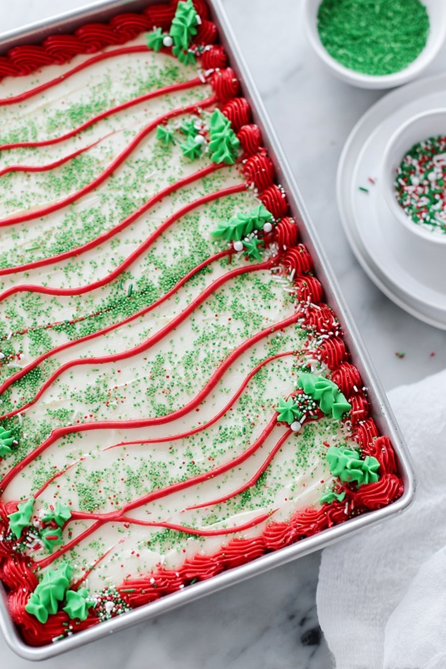 Christmas Tree Sheet Cake with White Chocolate Buttercream, holiday Christmas cake, festive birthday cake, easy Christmas dessert, decorating Christmas cake - The image shows a rectangular cake in a metal pan with a smooth white frosting base covered with fine green sprinkles. The cake has a border made of thick, bright red piped icing around the edges, decorated with small green tree-shaped sprinkles and thin red, white, and green rod sprinkles. Wavy lines of the same bright red icing run across the top of the cake, evenly spaced and parallel. The cake sits on a white marbled surface next to a small white bowl filled with green sprinkles and a white plate partly visible. Photo taken with an iphone --ar 2:3 --v 7