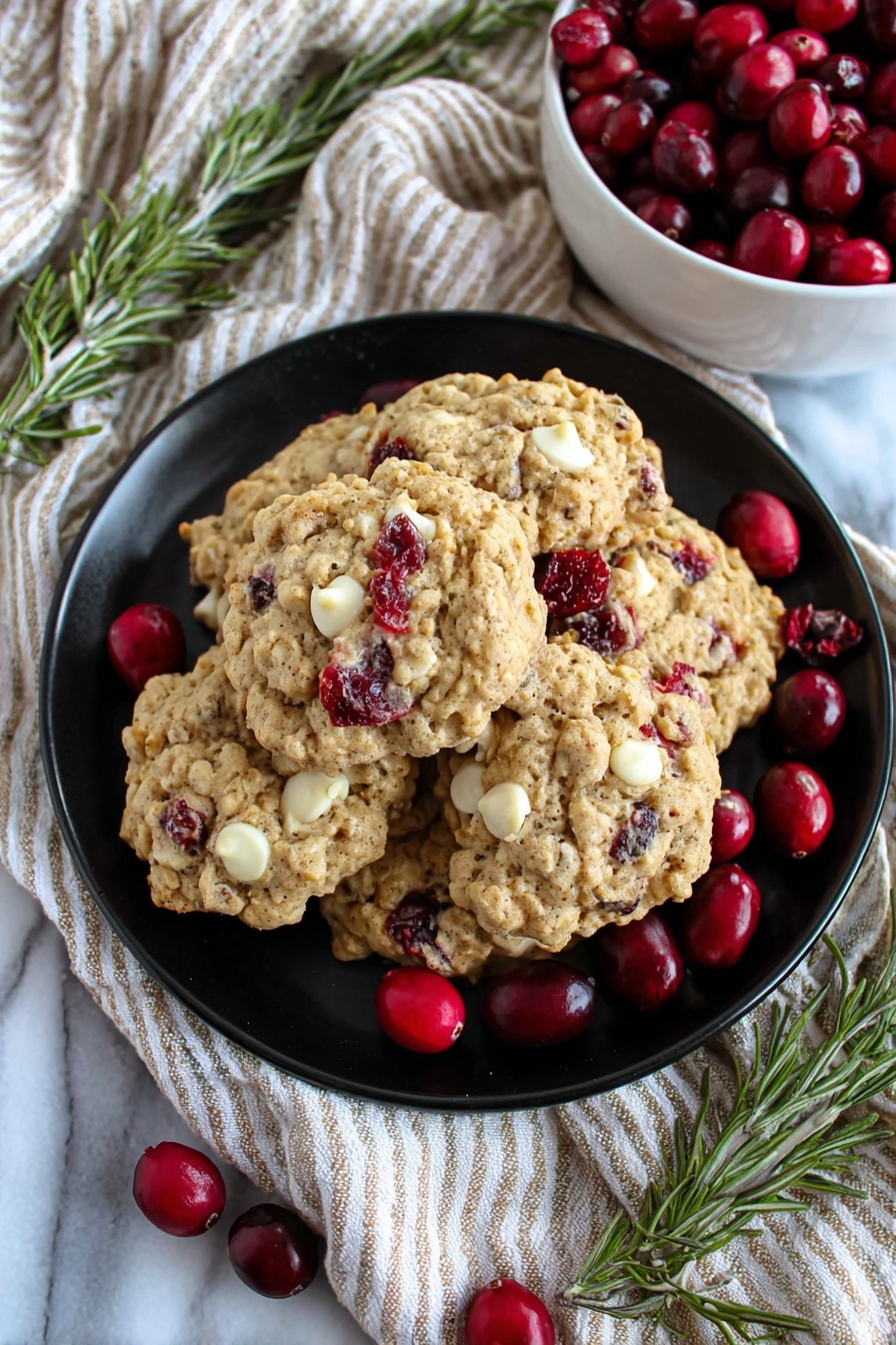 Oatmeal Cranberry Cookies, Cranberry Oatmeal Cookies, Chewy Cranberry Cookies, Easy Cranberry Cookies, Tart and Sweet Cookies - A black plate holds a pile of oatmeal cookies mixed with white chocolate chunks and red cranberries, with a few fresh cranberries placed on the plate around the cookies. The plate is set on a white marbled surface surrounded by a beige and white striped cloth. In the background, part of a white bowl filled with fresh cranberries is visible, and in the foreground, green rosemary branches with scattered cranberries add a fresh touch. The photo taken with an iphone --ar 2:3 --v 7