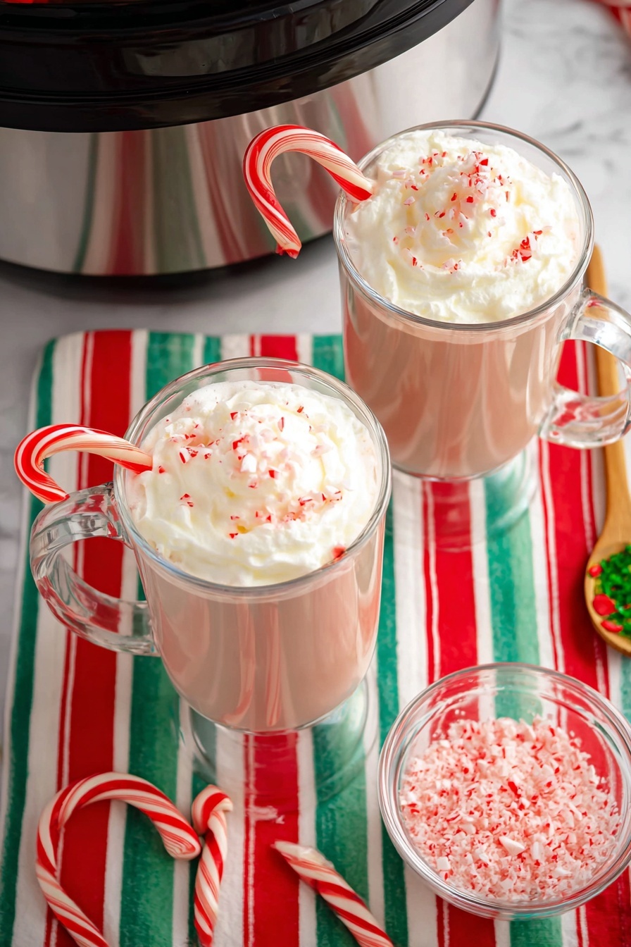 Candy Cane White Hot Chocolate, white hot chocolate with peppermint, festive holiday hot chocolate, slow cooker peppermint hot cocoa, creamy winter hot chocolate - Two tall clear glass mugs filled with a light brown drink topped with thick white whipped cream sprinkled with small red and white crushed peppermint pieces. Each mug has a red and white striped candy cane hanging on the rim. The glasses sit on a white marble surface covered with a red, green, and white striped cloth. There is a small clear bowl full of crushed peppermint pieces and a wooden spoon with a green and red festive handle nearby. A slow cooker with a shiny silver outer edge and dark interior is partially visible at the top of the image. Two whole candy canes are arranged in a heart shape on the striped cloth near the mugs. Photo taken with an iphone --ar 2:3 --v 7