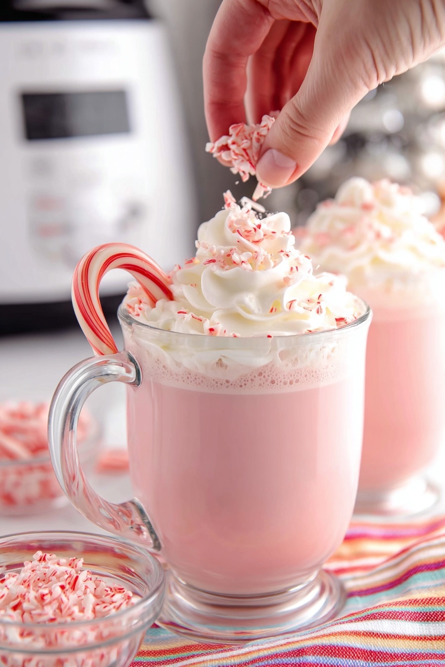Candy Cane White Hot Chocolate, white hot chocolate with peppermint, festive holiday hot chocolate, slow cooker peppermint hot cocoa, creamy winter hot chocolate - The image shows two clear glass mugs filled with a pink drink that has a frothy top layer of light cream. Each mug is garnished with a swirl of white whipped cream on top, and a small candy cane hanging on the rim. In the foreground, a woman's hand is sprinkling crushed red and white candy pieces over the whipped cream on one mug. The mugs sit on a white surface with a colorful striped cloth underneath. The background has a kitchen appliance, slightly blurred, and a small clear bowl holding more crushed candy pieces. The setting is bright and festive with soft natural light. photo taken with an iphone --ar 2:3 --v 7