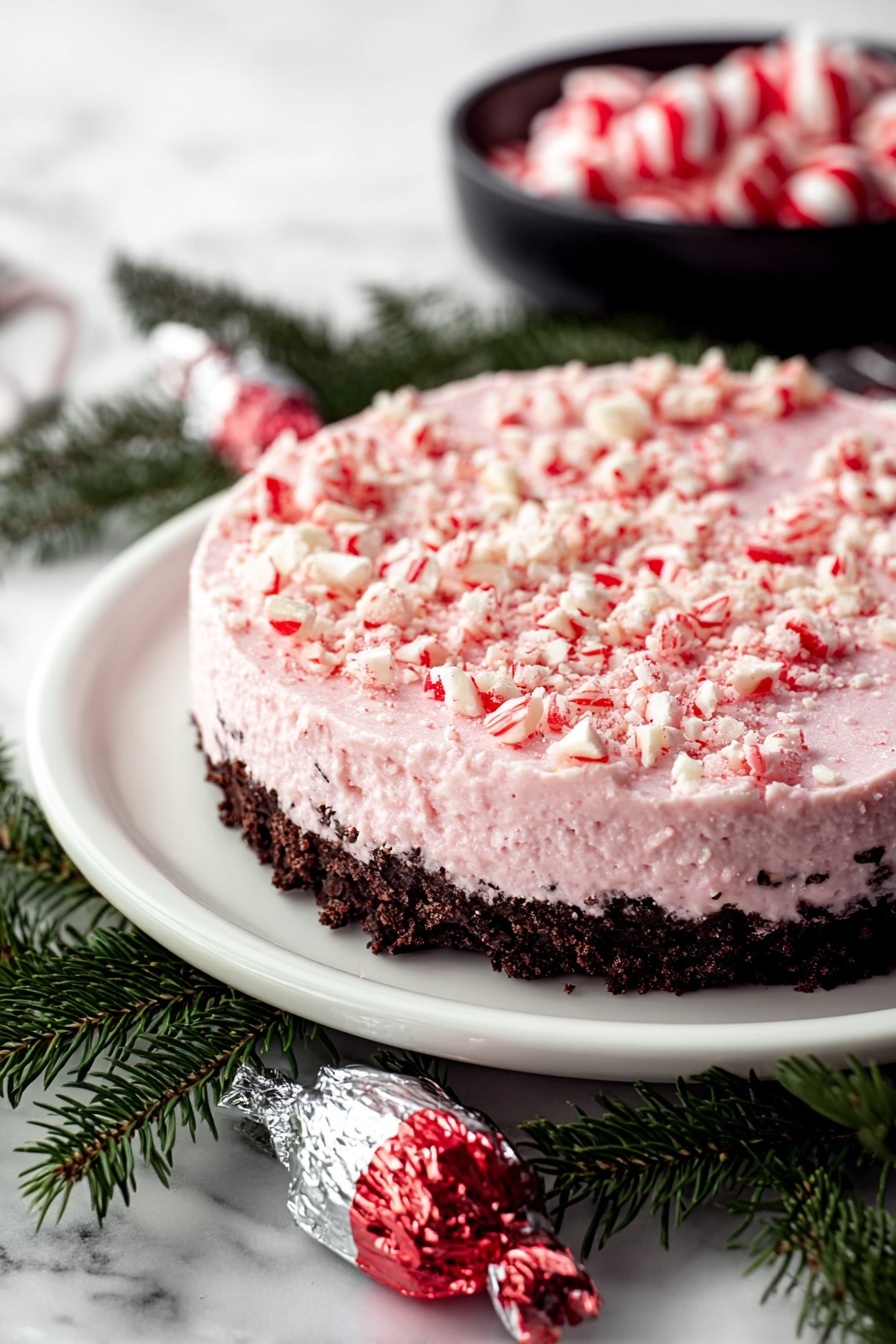 No Bake Peppermint Pie, peppermint dessert, easy holiday pie, no bake holiday treat, festive peppermint pie - The image shows a round dessert on a white plate, placed on a white marbled surface. The dessert has two visible layers: the bottom layer is a dark brown, crumbly crust, and the top layer is thick, light pink with a creamy, slightly rough texture. The top is scattered with small pieces of crushed red and white candy, giving it a textured, colorful look. Surrounding the plate are green pine needles, adding a festive touch, with a silver and red wrapped candy in the foreground and a black bowl filled with red and white-striped candies blurred in the background. Photo taken with an iphone --ar 2:3 --v 7