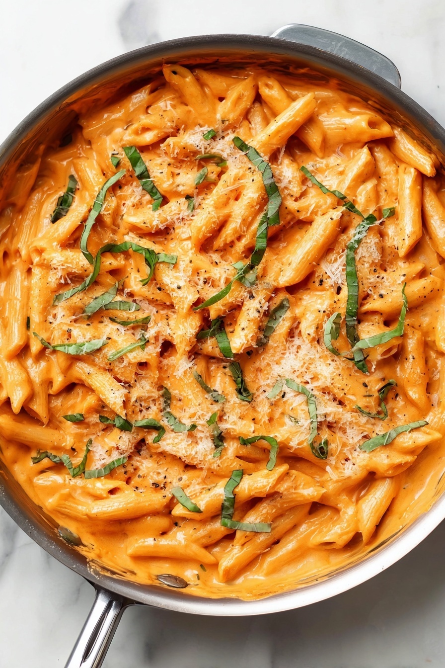 Penne alla Vodka, Penne alla Vodka recipe, creamy pasta, quick pasta dinner, easy vodka pasta - The image shows a pan filled with creamy orange pasta made with penne noodles, all covered evenly in a smooth, thick sauce. On top, there are thin green strips of fresh basil scattered, adding a splash of color. There is also a light sprinkle of white grated cheese that contrasts with the orange sauce. The pan is set on a white marbled surface, adding a clean and bright background to the warm tones of the dish. photo taken with an iphone --ar 2:3 --v 7