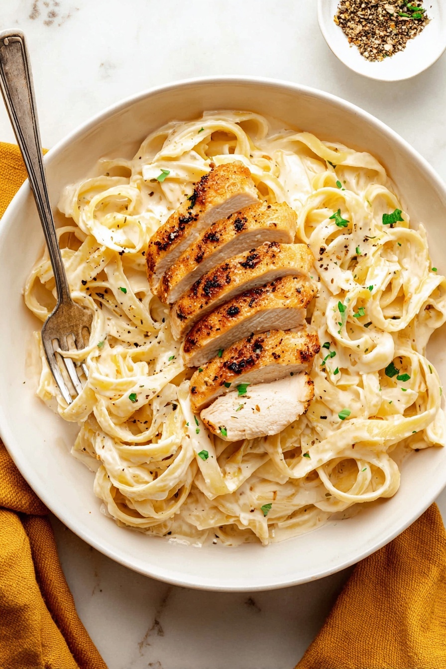 Creamy Fettuccine Alfredo with Chicken, easy chicken Alfredo pasta, homemade Alfredo sauce, comforting chicken pasta dish, quick weeknight Alfredo - The image shows a close-up of a white bowl filled with wide, flat pasta noodles coated in a creamy, light beige sauce, speckled with small bits of green herbs. On top of the pasta, there are thick pieces of grilled chicken with a browned, slightly crispy outside and a juicy interior, arranged in scattered slices across the noodles. The noodles have a silky texture with visible seasoning of black pepper dots spread evenly. The background is a white marbled surface. photo taken with an iphone --ar 2:3 --v 7