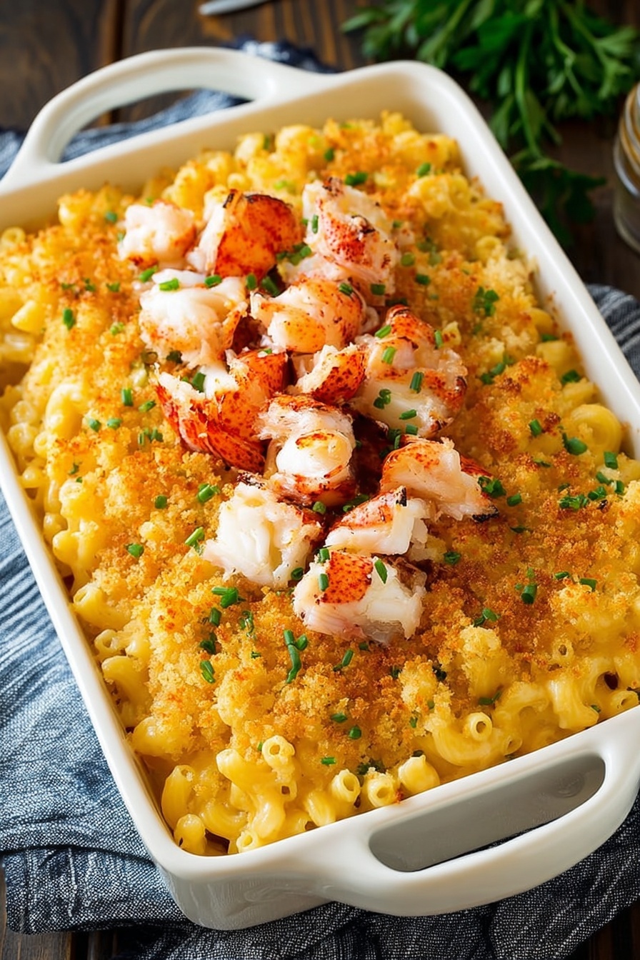Lobster Mac and Cheese, gourmet seafood pasta, luxurious cheese pasta, creamy lobster mac and cheese, easy lobster macaroni dish - The image shows a baked macaroni and cheese dish in a white rectangular casserole dish with two handles. The dish has three visible layers: the bottom layer is creamy, yellow macaroni pasta, the middle layer features a thick coating of golden, crunchy breadcrumb topping, and the top layer is decorated with small chunks of grilled lobster meat that are white with some charred orange-red edges. Chopped green herbs, likely chives, are sprinkled on top adding color contrast. The casserole dish is placed on a dark wooden surface with a folded blue and white striped cloth in the background, and the overall setting has a cozy and appetizing feel. The photo taken with an iphone --ar 2:3 --v 7