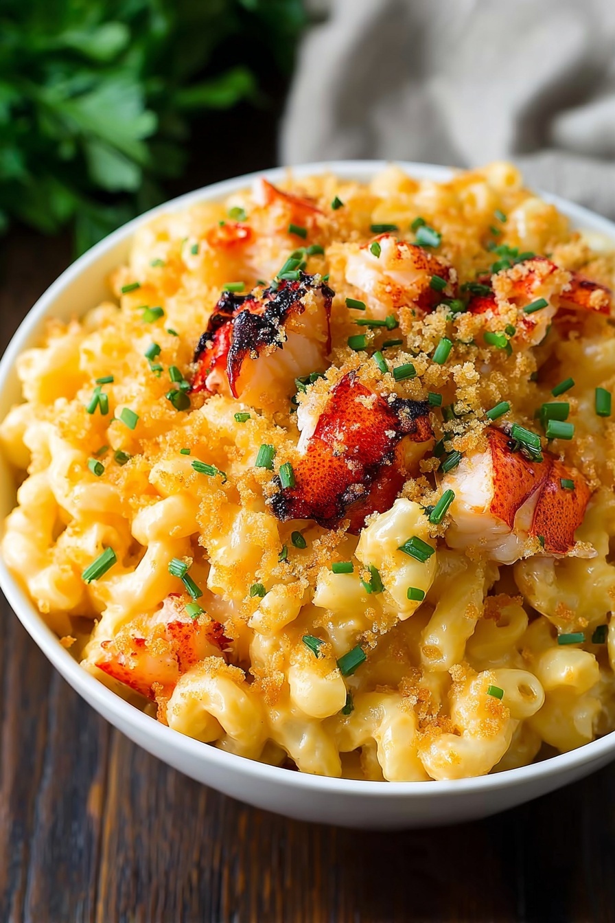 Lobster Mac and Cheese, gourmet seafood pasta, luxurious cheese pasta, creamy lobster mac and cheese, easy lobster macaroni dish - A white bowl filled with creamy macaroni and cheese layered with bright orange cheese sauce covering the pasta thoroughly, topped with chunks of grilled lobster meat that have a slightly charred, reddish-brown outer layer. Over the lobster and pasta, there is a sprinkle of golden breadcrumbs and small pieces of fresh green chives scattered on top. The bowl is placed on a dark wooden table with a blurred piece of cloth in the background, and a green leafy herb is visible to the top left. Photo taken with an iphone --ar 2:3 --v 7
