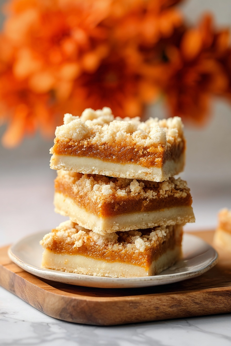 Vegan Pumpkin Crumble Bars, pumpkin dessert, vegan fall treats, healthy pumpkin bars, easy vegan pumpkin recipes - A stack of three square dessert bars is centered on a white plate resting on a wooden board over a white marbled surface. Each bar has three layers: the bottom layer is a pale beige crust with a smooth texture, the middle layer is a thick, rich orange filling with a slightly bumpy surface, and the top layer is a crumbly, light beige streusel with small clusters and a rough texture. In the background, there is an out-of-focus bunch of bright orange flowers creating a warm, soft look. The photo has a clear, close-up focus on the dessert bars. photo taken with an iphone --ar 2:3 --v 7