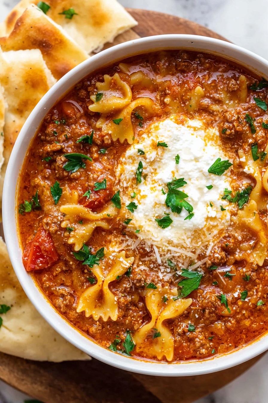 Lasagna Soup, easy lasagna soup recipe, hearty lasagna soup, cozy soup recipes, quick weeknight dinners - A white bowl filled with a thick soup made of shaped pasta in wavy edges, ground meat, and diced tomatoes in a rich reddish-brown broth, topped with a dollop of white creamy cheese and scattered green herb pieces, placed on a white marbled surface with a corner of golden brown bread visible on the side, photo taken with an iphone --ar 2:3 --v 7