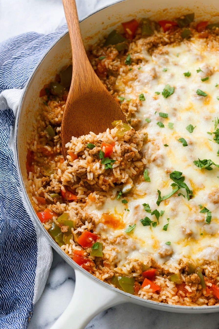 Stuffed Pepper Casserole with Sausage and Rice, stuffed pepper casserole, sausage and rice bake, cheesy stuffed pepper dish, easy casserole dinner - This image shows a white pan filled with a cooked dish made of three main layers mixed together: cooked white rice grains, small pieces of green and red bell peppers, and browned ground meat in a light reddish sauce. On top, there is a melted layer of pale yellow cheese with a soft and slightly bubbly texture that spreads unevenly across the surface. Small chopped green herbs are sprinkled on top for a fresh touch. A wooden spoon is scooping some food from the left side. The pan is placed on a white marbled surface with a blue and white cloth under its handle. photo taken with an iphone --ar 2:3 --v 7