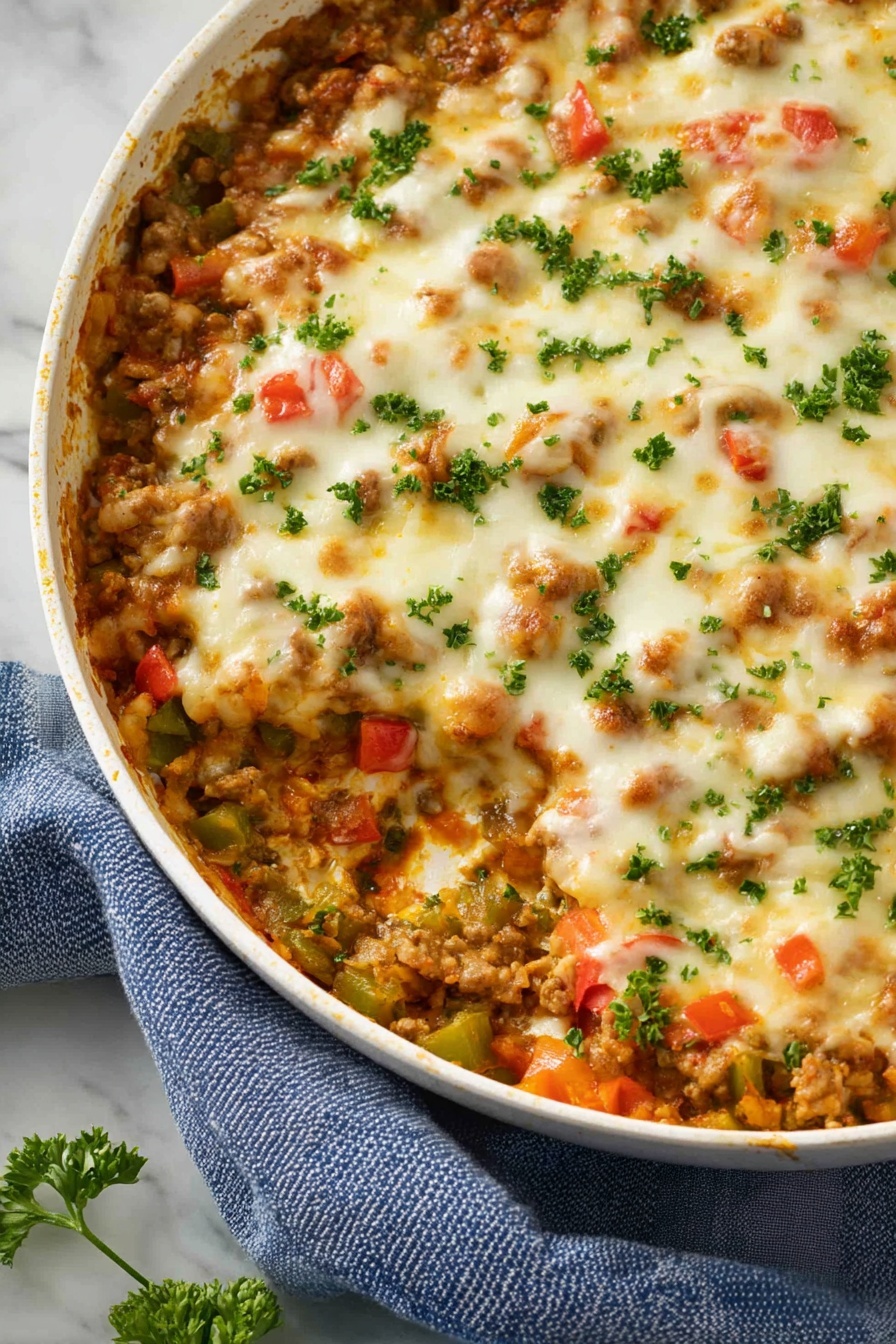 Stuffed Pepper Casserole with Sausage and Rice, stuffed pepper casserole, sausage and rice bake, cheesy stuffed pepper dish, easy casserole dinner - This dish is a baked casserole with multiple layers visible on top. The base layer is made of crumbled cooked pieces mixed with small chopped green, red, and orange vegetables, providing a vibrant and chunky texture. The top layer is melted, creamy white cheese that blankets the dish, slightly dotted with green chopped herbs spread evenly across the surface. The casserole is served in a white pan, resting on a blue and white cloth, all set on a white marbled surface. Photo taken with an iphone --ar 2:3 --v 7
