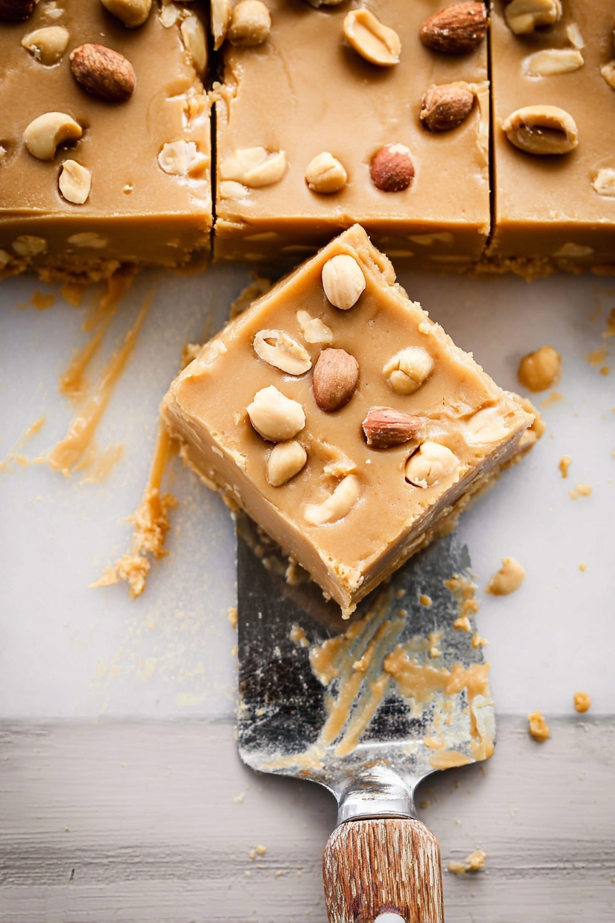 Peanut Butter Cake with Creamy Frosting, peanut butter cake recipe, easy peanut butter cake, moist peanut butter cake, nutty dessert ideas - Three thick square bars of light brown peanut butter fudge are shown on a white marbled surface, with one piece slightly lifted by a metal spatula with a worn wooden handle. The fudge has a smooth top layer with a slightly shiny texture, sprinkled evenly with whole and halved peanuts. The edges of the fudge are clean, and crumbs are scattered around on the surface. Photo taken with an iphone --ar 2:3 --v 7