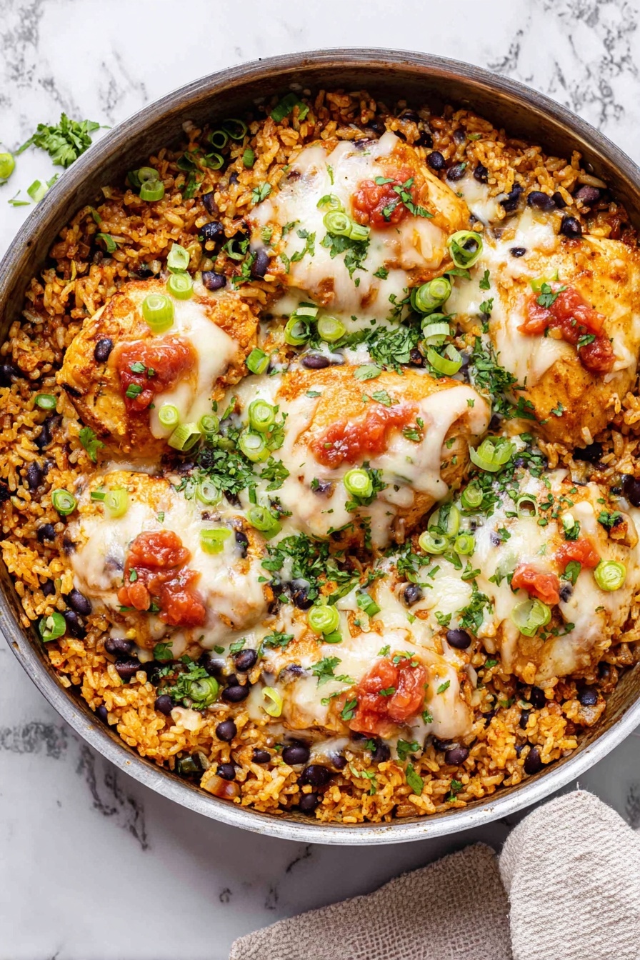 Salsa Chicken with Cauliflower Rice, healthy salsa chicken skillet, low-carb chicken dinner, quick weeknight chicken recipes, flavorful cauliflower rice dish - A round pan filled with a base layer of cooked golden-brown rice mixed with black beans and finely chopped green onions, giving it a textured, slightly moist look. On top, there are six pieces of browned chicken, each covered with melted white and yellow cheese that is slightly bubbly and stringy, with dollops of red tomato sauce scattered over the cheese. Fresh chopped green herbs and more green onion slices are sprinkled evenly across the dish, adding pops of bright green color. The pan sits on a white marbled surface with a light-colored cloth partially visible at the top right corner. Photo taken with an iphone --ar 2:3 --v 7