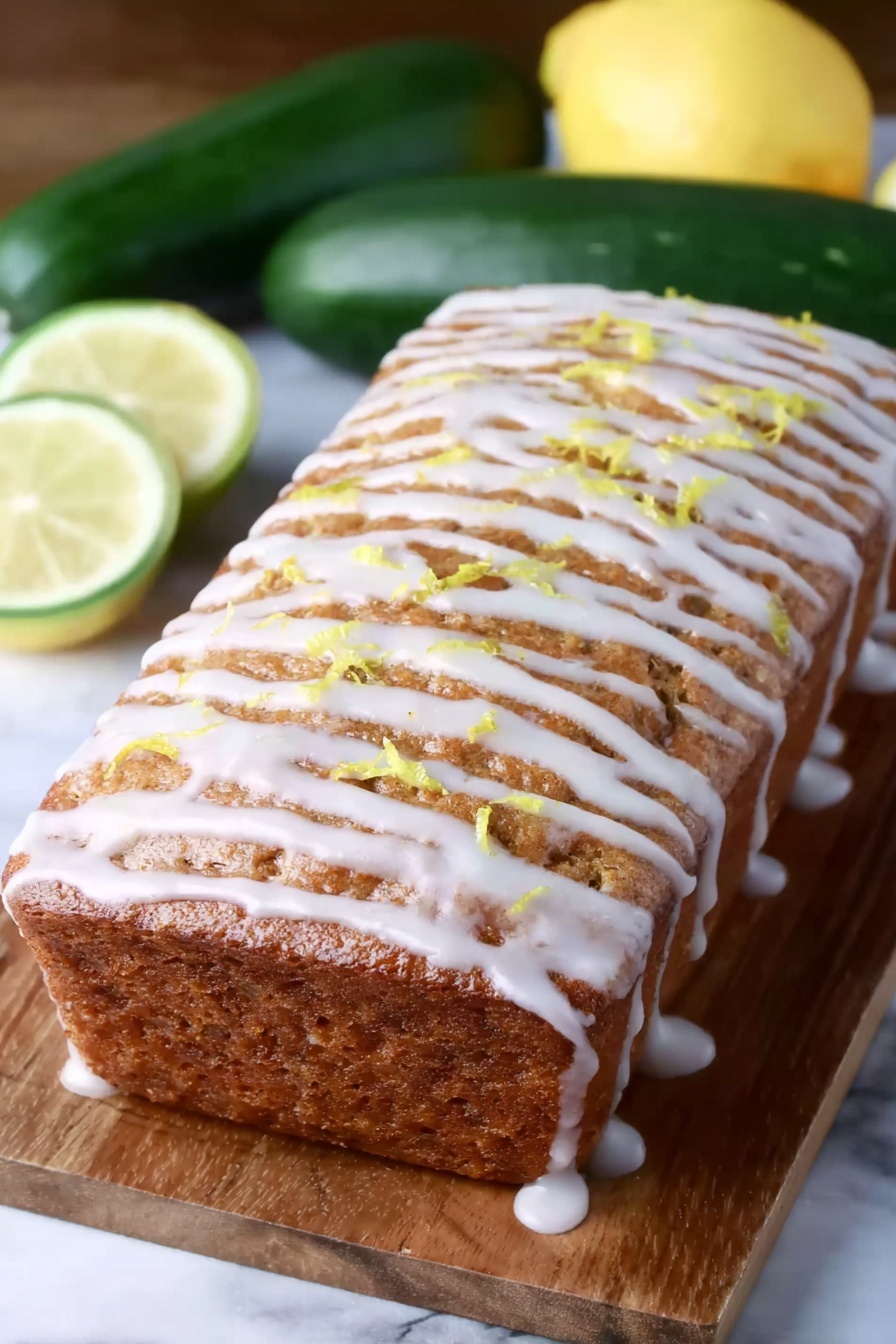 Lemon Zucchini Bread, Lemon Zucchini Bread recipe, Moist Lemon Zucchini Bread, Healthy Lemon Zucchini Bread, Easy Lemon Zucchini Bread - A rectangular loaf cake sits on a clear glass tray placed on a wooden board, showing a dense, slightly textured brown surface. The top is covered with a thin, white glaze drizzled unevenly in diagonal lines, with small bits of yellow zest scattered across the top. In the background on a white marbled surface, two whole green zucchinis and two lemon slices with pale yellow flesh are visible, adding a fresh contrast to the warm tones of the cake. Photo taken with an iphone --ar 2:3 --v 7