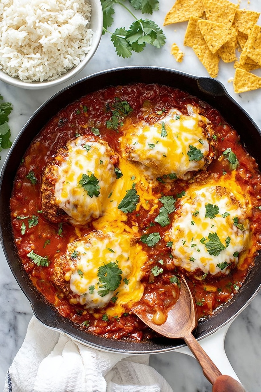 Salsa Chicken Bake, Mexican chicken casserole, easy dinner recipes, cheesy chicken bake, flavorful chicken dinner - The image shows a white cast iron pan filled with four large pieces of meat covered by melted yellow and white cheese. These pieces sit in a thick, bright red tomato sauce with bits of herbs and vegetables visible. Bright green cilantro leaves are scattered on top of the cheese. A spoon with a wooden handle rests in the right side of the pan, partly covered by sauce. Nearby, a white bowl is filled with plain white rice, and to the top right, scattered crispy yellow tortilla strips add texture. The background is a white marbled surface, and a white cloth is partly visible near the pan. Photo taken with an iphone --ar 2:3 --v 7