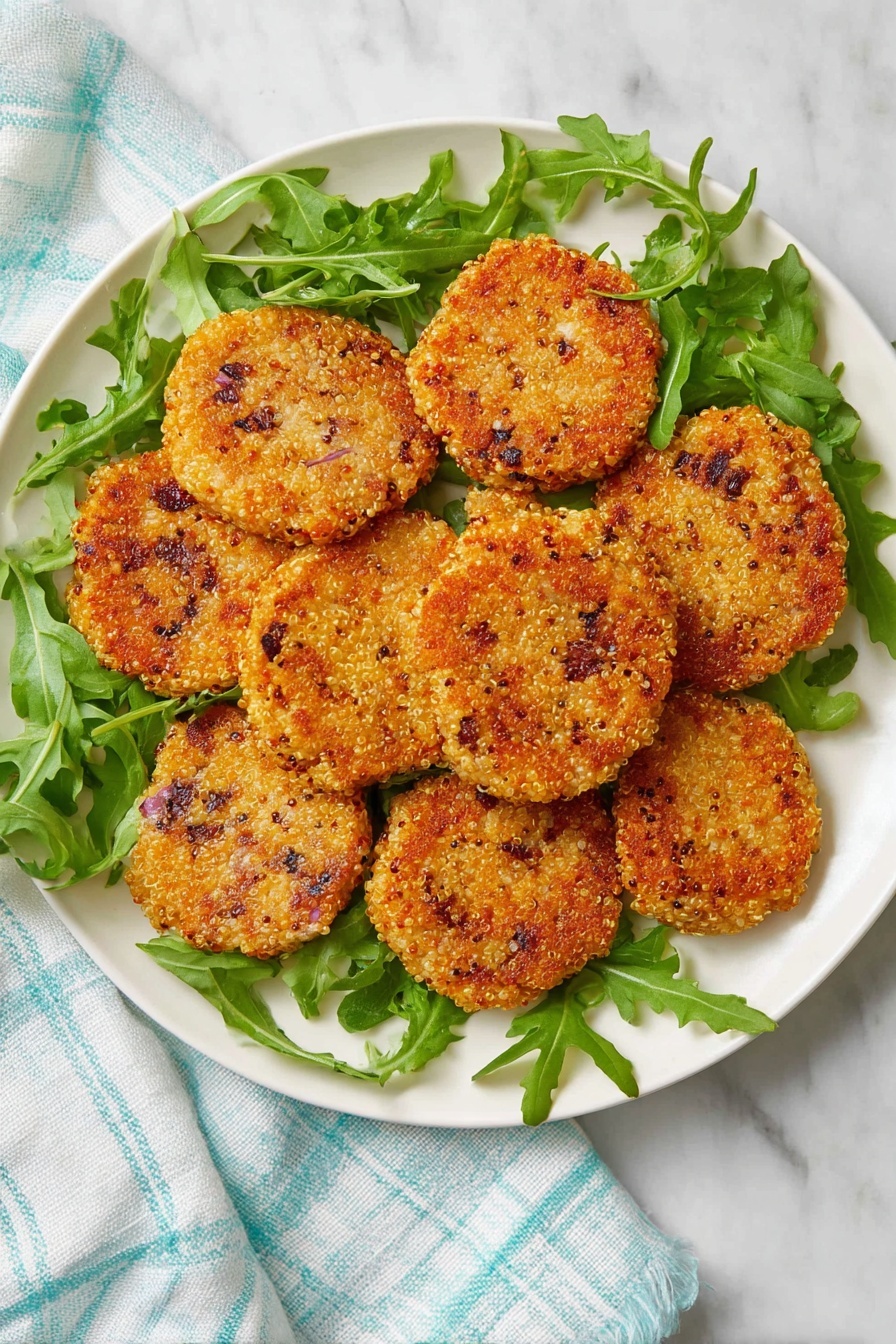 Quinoa Patties with Mozzarella, healthy quinoa patties, cheesy quinoa recipes, vegetarian appetizer ideas, crispy quinoa cakes - The image shows a white plate filled with about ten golden-brown, round patties that have a crunchy, textured look with visible small bits of red onion and quinoa. The patties are arranged overlapping each other, creating a layered effect, and are surrounded by fresh, bright green arugula leaves scattered around the edges of the plate. The plate is placed on a white marbled surface with a light blue and white checkered cloth nearby, creating a fresh and simple setting. photo taken with an iphone --ar 2:3 --v 7