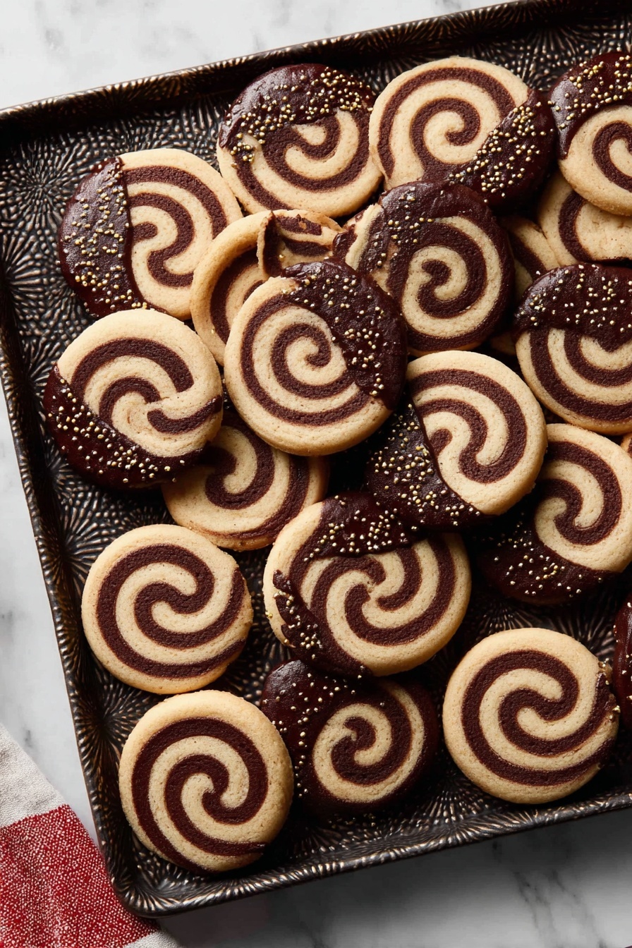 Chocolate Pinwheel Cookies, Pinwheel Cookie Recipe, Easy Chocolate Swirl Cookies, No-Bake Cookie Swirls, Festive Cookie Recipes - A tray filled with many round cookies shows two swirled layers, one light beige and one dark brown, creating a spiral pattern from the center to the edge. About half of these cookies are dipped on one side in dark chocolate, which is smooth and shiny and sprinkled lightly with small golden bits. The tray is dark with a textured pattern and sits on a white marbled surface. A bit of a red and white cloth is visible at the bottom left corner. photo taken with an iphone --ar 2:3 --v 7