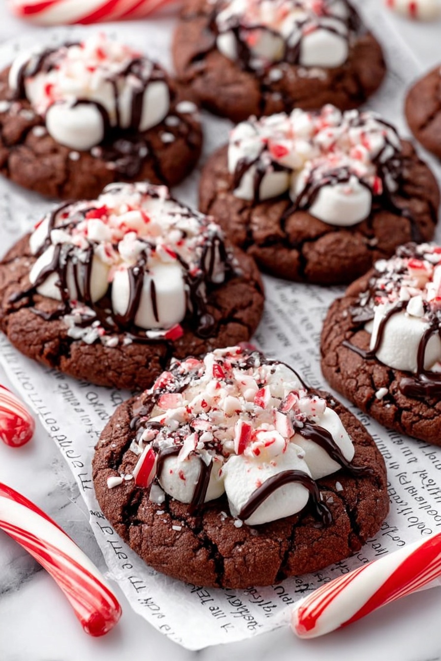 Peppermint Hot Chocolate Cookies, festive holiday cookies, chocolate peppermint treats, winter cookie recipes, easy peppermint cookies - The image shows seven round chocolate cookies with a soft texture, each topped with a large white marshmallow that is sprinkled with small pieces of red and white crushed peppermint candy. Dark chocolate is drizzled in thin lines over the marshmallows and cookies, adding a shiny and slightly thick texture. The cookies rest on white paper with printed text, placed on a white marbled surface, with a red and white striped candy cane on the side creating a festive look. The overall colors are dark brown, white, and red, with the cookies arranged closely but not overlapping. photo taken with an iphone --ar 2:3 --v 7