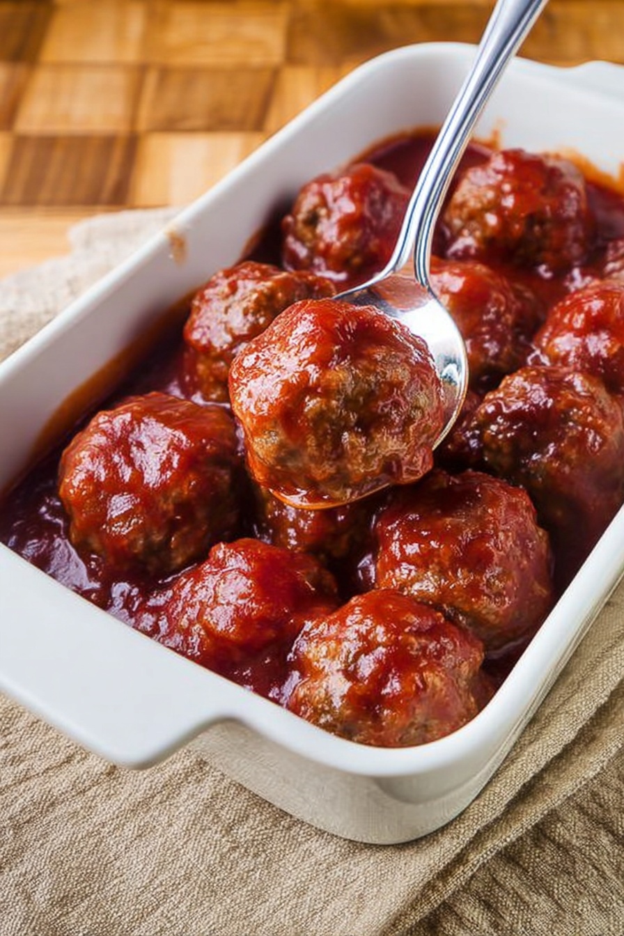 Christmas Cranberry Meatballs, holiday appetizer recipes, easy Christmas party snacks, festive meatball ideas, cranberry meatball sauce - A white rectangular ceramic dish filled with two layers of shiny brown meatballs covered in a rich red sauce. The meatballs are round and slightly textured, sitting close together in the dish. A large silver spoon rests inside the dish, scooping one meatball, showing the softness and the thick sauce coating it. The dish is placed on a beige woven cloth on top of a wooden surface with a grid pattern. photo taken with an iphone --ar 2:3 --v 7
