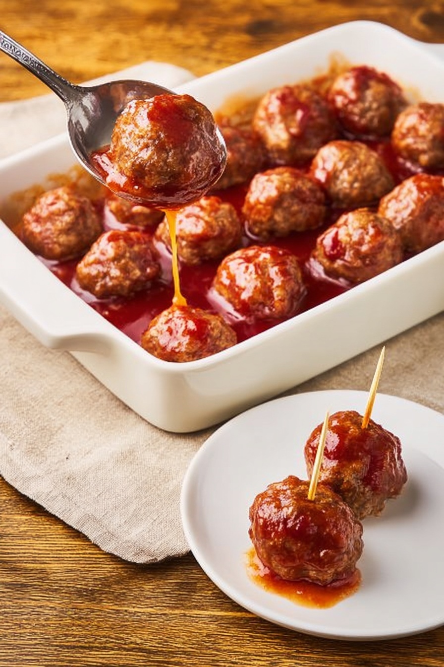 Christmas Cranberry Meatballs, holiday appetizer recipes, easy Christmas party snacks, festive meatball ideas, cranberry meatball sauce - The image shows a white rectangular baking dish filled with about a dozen round meatballs covered in a shiny reddish-brown sauce. A metal spoon is lifting one meatball from the dish, with sauce dripping off. To the right, on a small white plate, there are two meatballs, each covered in the same sauce, and one is pierced with a toothpick. The background is a wooden textured surface with a beige cloth napkin partly under the baking dish. photo taken with an iphone --ar 2:3 --v 7