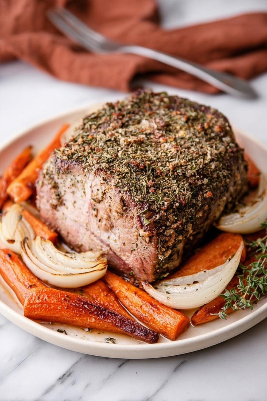 Italian Herb Pork Loin Pork Loin Roast with Herbs Easy Pork Roast Italian Seasoned Pork Loin - A thick, round piece of cooked meat covered with a dry herb crust sits in the center of a white plate. Around the meat are roasted vegetables, including orange carrots with a shiny, soft texture and slightly browned white onion slices curled at the edges. The plate rests on a white marbled surface, and a brown cloth with a silver fork is placed in the background. The overall look is warm and rustic with earthy tones. Photo taken with an iphone --ar 2:3 --v 7