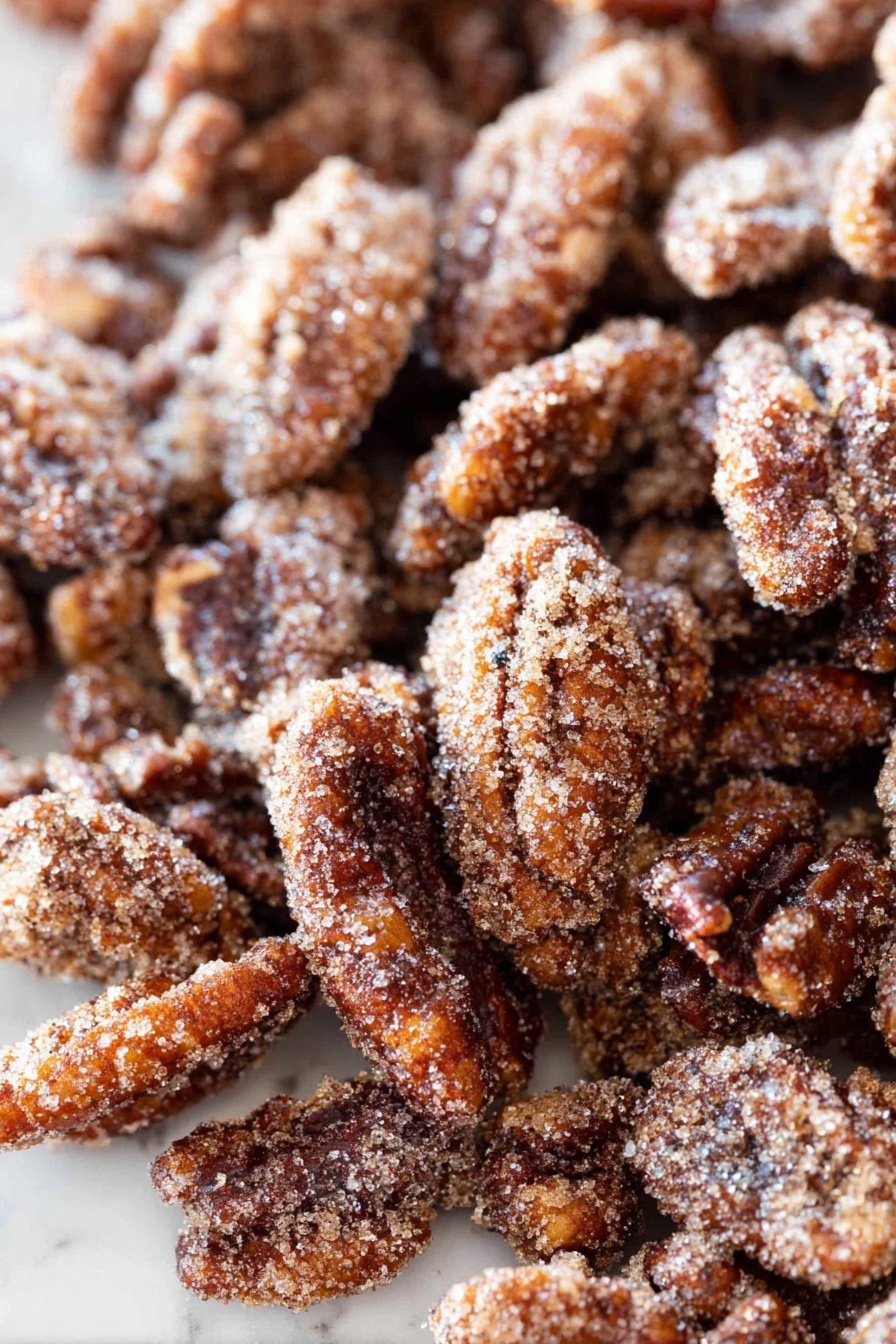 Cinnamon Sugar Pecans, caramelized pecans, homemade snack ideas, sweet crunchy pecans, holiday gift treats - This image shows many small pieces of pecans covered with a crunchy cinnamon sugar coating. The nuts are dark brown with rough, uneven textures from the sugary spice mix. There are different sizes=