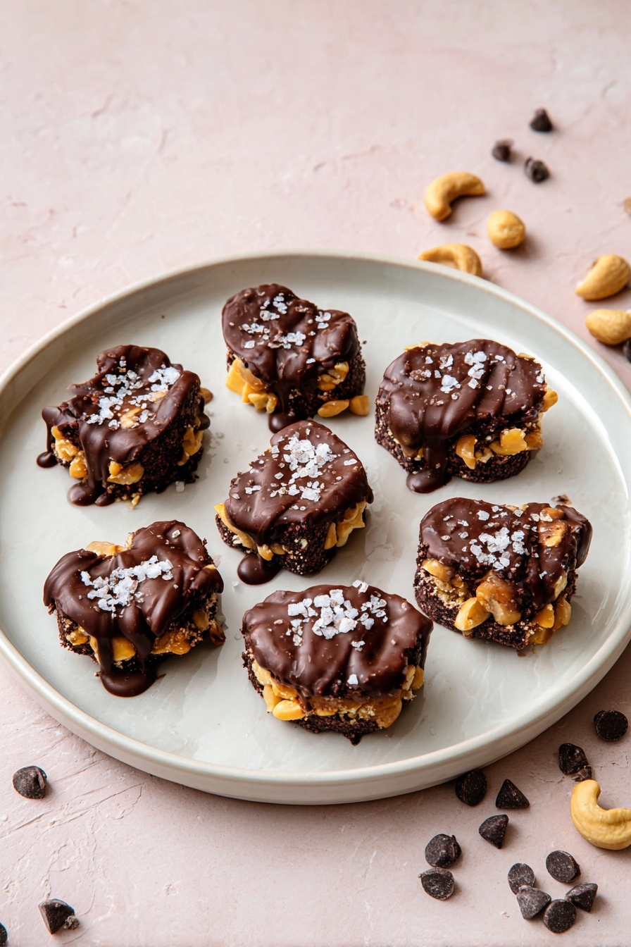 Chocolate Covered Peanut Butter Dates, healthy date snacks, quick dessert recipes, sweet and salty snacks, chocolate peanut butter bites - There are seven pieces of small snacks on a round white plate. Each piece has three layers: a base layer of dark brown dried fruit, a middle layer of chopped light yellow nuts, and a top layer of melted dark brown chocolate drizzled unevenly. Some sea salt flakes are sprinkled on top of the chocolate. Around the plate, some nuts and dark chocolate chips are scattered lightly. The plate is placed on a light pink surface with a white marbled texture photo taken with an iphone --ar 2:3 --v 7