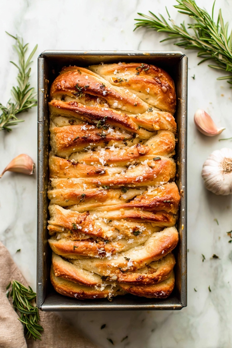 Rosemary Garlic Pull-Apart Bread, garlic bread with herbs and cheese, easy pull-apart bread recipe, fluffy herbed bread, savory bread for sharing - The image shows a loaf of pull-apart bread in a rectangular metal baking tin placed on a white marbled surface. The bread has multiple layers and folds, each layer golden brown with soft, fluffy inner textures visible between. The top is sprinkled with coarse salt flakes and small pieces of rosemary, giving it a slightly rough texture and a natural, fresh look. Some layers have a slight shine while others show a matte finish with browned edges. Two garlic cloves and a sprig of rosemary are placed nearby, adding to the rustic feel of the scene. Photo taken with an iphone --ar 2:3 --v 7
