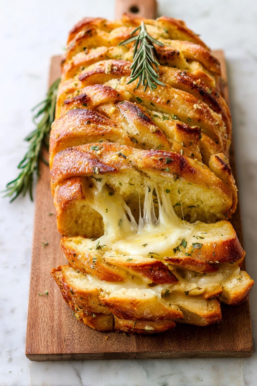 Rosemary Garlic Pull-Apart Bread, garlic bread with herbs and cheese, easy pull-apart bread recipe, fluffy herbed bread, savory bread for sharing - A loaf of twisted bread with about seven visible layers sits on a wooden board. Each layer has a golden-brown crust on top, with softer pale yellow dough inside showing a fluffy texture. Small sprinkles of white sea salt and thin shavings of cheese are scattered on the bread's surface. Fresh green rosemary sprigs are placed on top and beside the bread for decoration. The wooden board rests on a white marbled surface. Photo taken with an iphone --ar 2:3 --v 7