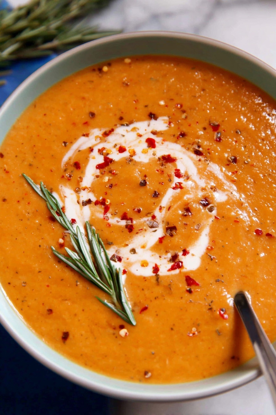 Creamy Roasted Vegetable Soup, roasted veggie soup, hearty vegetable soup, easy creamy vegetable soup, healthy roasted vegetable soup - The image shows a bowl filled with thick orange soup that has a smooth, creamy texture. The soup is garnished with a swirl of white cream on top, and sprinkled with small red chili flakes. Two green sprigs of rosemary lay on one side, adding a fresh, natural touch. The soup is served in a white bowl that sits on a white marbled surface, and a spoon with some soup on it rests at the edge of the bowl. photo taken with an iphone --ar 2:3 --v 7