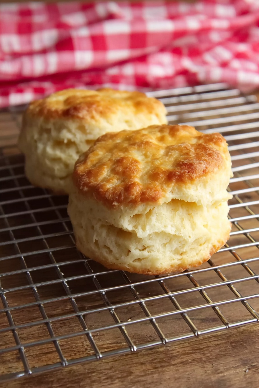 Homemade Angel Biscuits, flaky biscuit recipe, buttery angel biscuits, soft homemade biscuits, easy biscuit recipe - Two biscuits with a golden brown top and a soft, fluffy light yellow inside sit on a silver cooling rack. The cooling rack rests on a wooden surface, with a red and white checkered cloth blurred in the background. The biscuits are round with slightly uneven edges, showing a delicate, crumbly texture. photo taken with an iphone --ar 2:3 --v 7