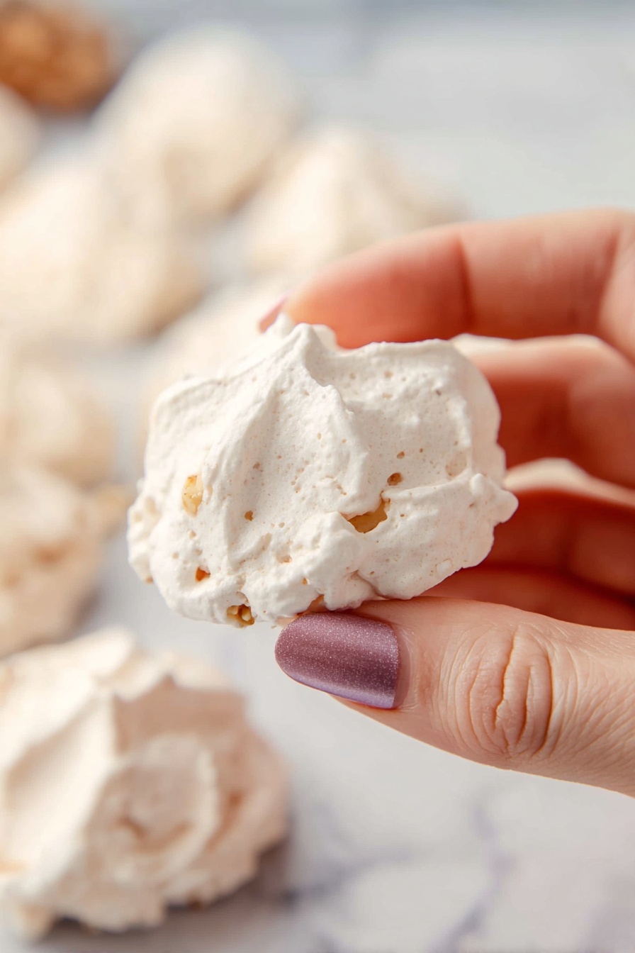 Old-Fashioned Divinity Candy, Divinity Candy Recipe, Classic Divinity Candy, Fluffy Divinity Candy, Homemade Divinity Candy - A close-up of a woman's hand holding a small, light-colored meringue with a rough texture and small nut pieces mixed inside. The meringue has a slightly rounded shape with a few peaks and a soft, airy look. In the background, several similar meringues are blurred, resting on a white marbled surface. The woman's nails are painted with a shiny mauve color. Photo taken with an iphone --ar 2:3 --v 7