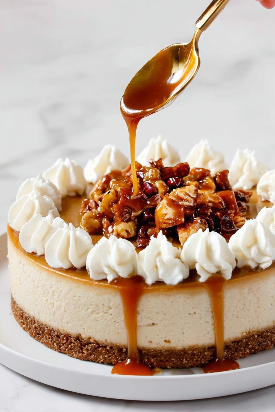 Caramel Apple Cheesecake, fall cheesecake recipes, caramel apple dessert, apple cheesecake with caramel, easy fall desserts - A round cheesecake with three main layers: a brown crumb crust at the bottom, a thick light beige cheesecake in the middle, and a topping of glossy caramelized nuts and small fruit pieces in the center. Around the edge, there are white whipped cream swirls evenly spaced. A golden spoon held by a woman's hand is pouring smooth, shiny caramel sauce over the top, some caramel dripping down the side onto the white plate. The whole cake sits on a white marbled surface. photo taken with an iphone --ar 2:3 --v 7