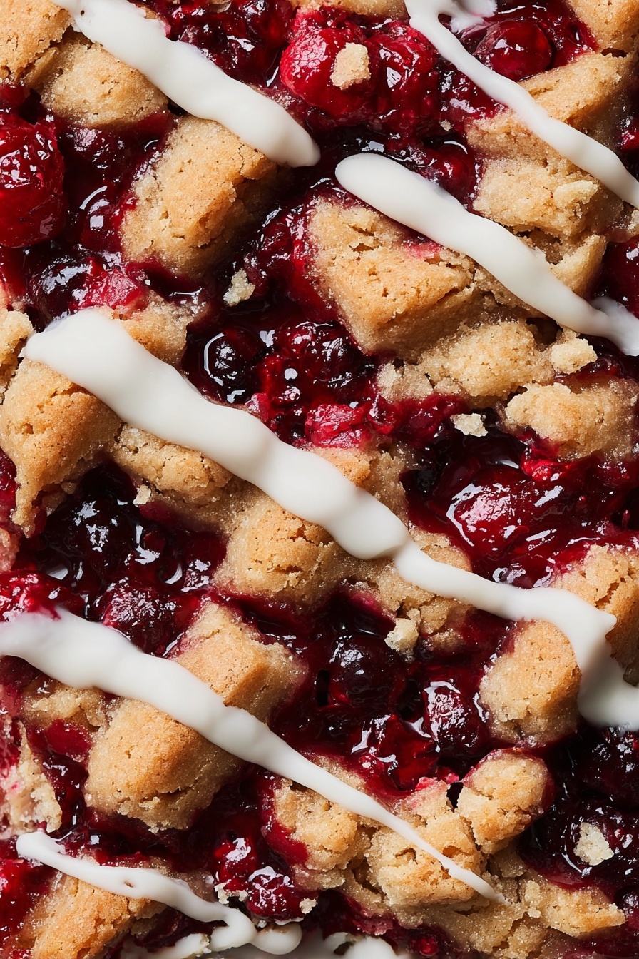 Cranberry Crumble Bars, cranberry bars recipe, holiday dessert bars, easy cranberry dessert, fruit crumble bars - The image shows a close-up view of a dessert made of three main layers: the base layer is bright red berry filling with whole and broken pieces of berries, giving it a juicy and shiny texture; scattered on top are thick, rough chunks of golden-brown baked dough creating a lattice effect with uneven edges and crumbly surface; white icing is drizzled across the top in thin, smooth lines that contrast with the rough dough and glossy berries. The whole scene is on a white marbled texture background. photo taken with an iphone --ar 2:3 --v 7