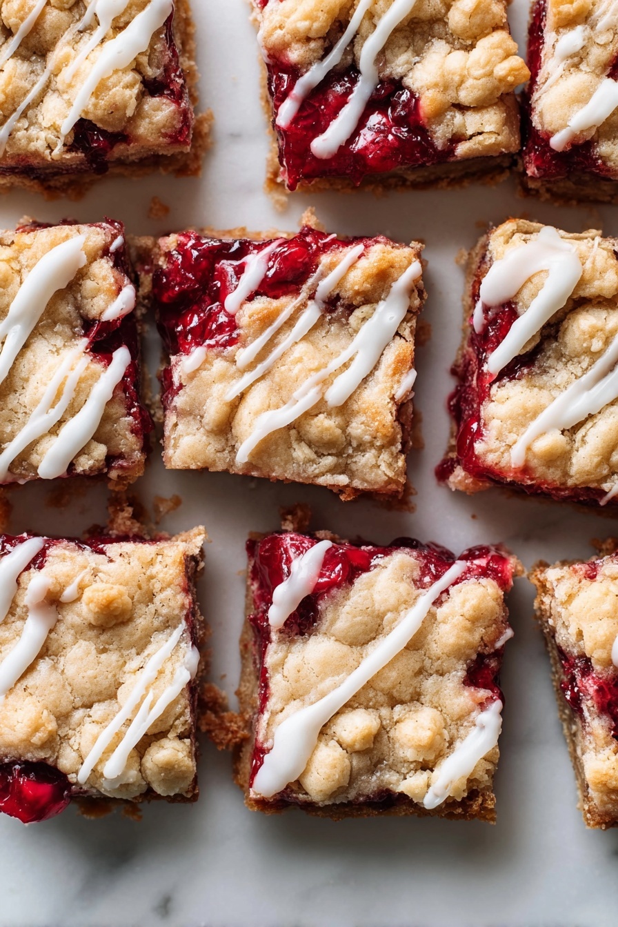 Cranberry Crumble Bars, cranberry bars recipe, holiday dessert bars, easy cranberry dessert, fruit crumble bars - The image shows a close-up of nine square-shaped dessert bars arranged in a grid on a white marbled surface. Each bar has two main layers: a golden-brown crumbly top with a rough texture, and a bright red fruit filling underneath that appears juicy and slightly glossy with visible whole berries. There are white icing drizzle lines scattered unevenly on top of the crumbly layer, adding contrast to the warm golden and red colors. The edges of the bars show the rich fruit filling oozing out just a little, and the bars look soft and thick, with clear separations between each square. photo taken with an iphone --ar 2:3 --v 7