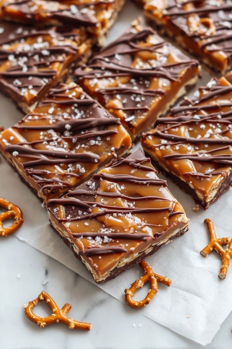 Salted Caramel Pretzel Bark, salted caramel pretzel bark, salty sweet pretzel bark, easy salted caramel snack, crunchy caramel dessert - The image shows several square slices of a layered treat on white parchment paper placed on a white marbled surface. Each slice has a bottom layer of dark chocolate, a middle layer of crunchy pretzels in light brown with tiny white salt crystals, and a thick layer of caramel glued over the pretzels, which is shiny and smooth. On top, there are thin dark chocolate drizzle lines that create a criss-cross pattern across all the pieces. Some broken pretzel pieces and chocolate bits are scattered around the slices. photo taken with an iphone --ar 2:3 --v 7