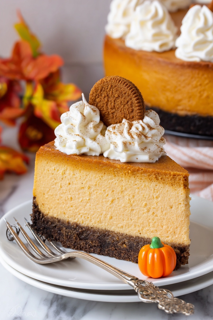 Pumpkin Cheesecake with Gingersnap Crust, Fall dessert recipes, Pumpkin cheesecake, Gingersnap crust dessert, Easy holiday cheesecake - A slice of pumpkin cheesecake with three visible layers: a thick dark brown crust at the bottom with a rough texture, a large light orange creamy pumpkin filling in the middle, and two swirls of white whipped cream on top sprinkled with cinnamon. A small round brown cookie is placed vertically between the whipped cream swirls, and a small bright orange candy shaped like a pumpkin sits at the base of the slice. The cheesecake slice is on a white plate with an ornate silver fork resting on its right side, all set on a white marbled surface with soft autumn decorations in the background. Photo taken with an iphone --ar 2:3 --v 7