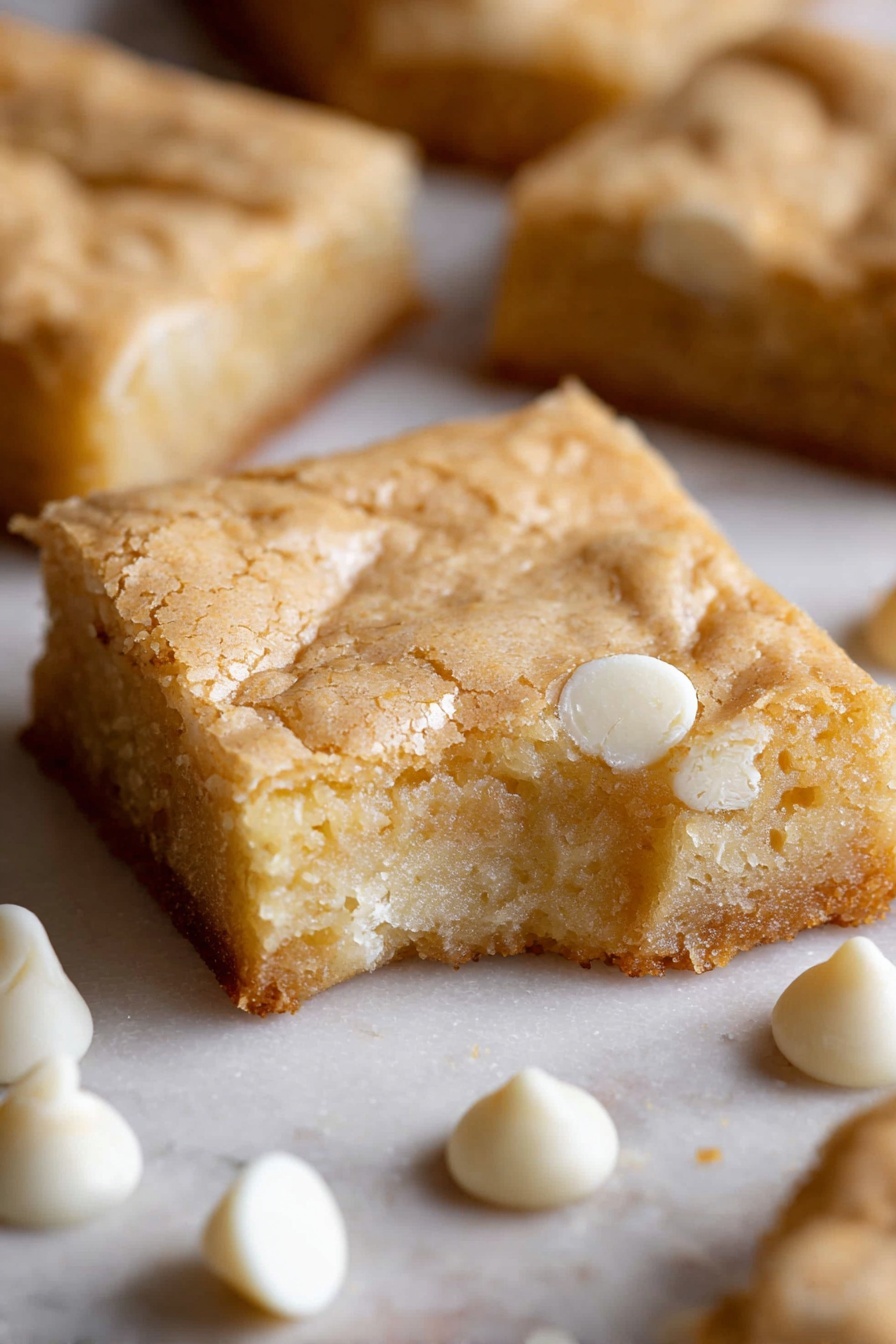 White Chocolate Brownie Bars, white chocolate brownies, easy white chocolate dessert, creamy white chocolate treats, soft brownie bar recipes - A close-up shows a square blondie bar with a golden-brown, cracked top layer and a soft, moist light yellow bottom layer. The blondie has a small bite taken out of one corner, exposing its dense interior texture. Around the blondie are smooth, creamy white chocolate chips scattered on a white marbled surface. The background shows parts of other similar blondies out of focus, creating a warm, homemade feel. photo taken with an iphone --ar 2:3 --v 7