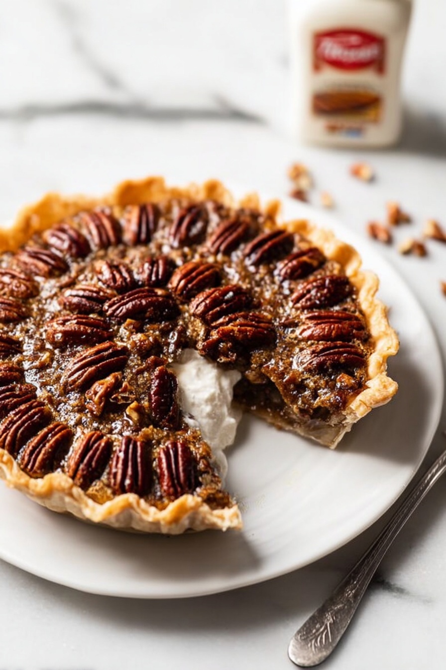 Chocolate Bourbon Pecan Pie, decadent pecan pie with bourbon and chocolate, easy chocolate pecan pie recipe, boozy pecan pie dessert, rich holiday pie dessert - A round pecan pie with a golden, crimped crust sits centered on a white plate over a beige linen napkin placed on a white marbled surface. The pie filling is dark brown with a glossy texture, topped with a neat layer of whole pecans arranged in concentric circles filling the entire pie surface. Around the plate, there are scattered whole pecans and some pecan halves on the white marbled surface. To the upper left, a small white bowl filled with pecans is visible, and above the pie, a clean white bowl with two forks rests on a striped beige cloth. To the lower left, two clear glasses filled with a white liquid enhance the composition. A silver knife lies to the right of the plate on the linen. Photo taken with an iphone --ar 2:3 --v 7