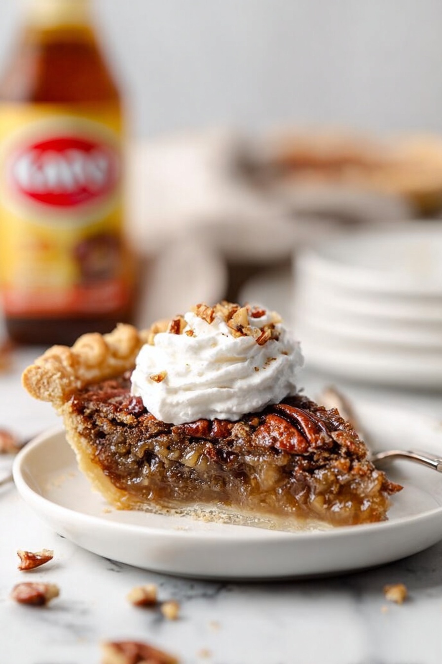 Chocolate Bourbon Pecan Pie, decadent pecan pie with bourbon and chocolate, easy chocolate pecan pie recipe, boozy pecan pie dessert, rich holiday pie dessert - The image shows a slice of pecan pie on a white plate placed on a white marbled surface. The pie has a thick, golden brown crust with a glossy, nutty filling made up of pecan halves and a sweet syrup. On top of the slice, there is a swirl of white whipped cream sprinkled with small pecan pieces. In the background, a bottle labeled 