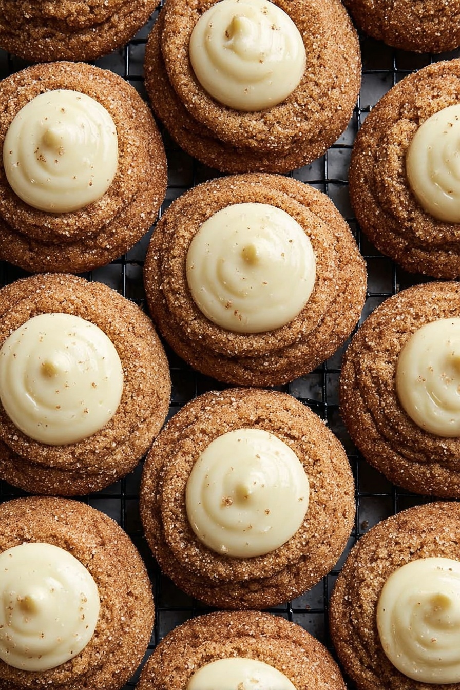 Eggnog Snickerdoodle Thumbprint Cookies, holiday cookie recipes, festive Christmas cookies, soft gingerbread cookies, cinnamon sugar thumbprint cookies - The image shows many round cookies arranged closely on a black cooling rack with a grid pattern. Each cookie has two layers: the bottom layer is a light brown cookie with a rough, crumbly texture and a dusting of cinnamon or spice, while the top layer is a small dollop of smooth, white cream placed in the center of each cookie. The cookies appear soft and slightly thick, with the cream layer slightly glossy and smooth. The white marbled texture is visible in the background beyond the cooling rack. photo taken with an iphone --ar 2:3 --v 7